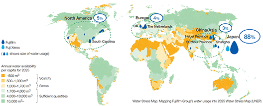 [image]2025 Water Stress Map and 2013 Fujifilm Group's Water Usage